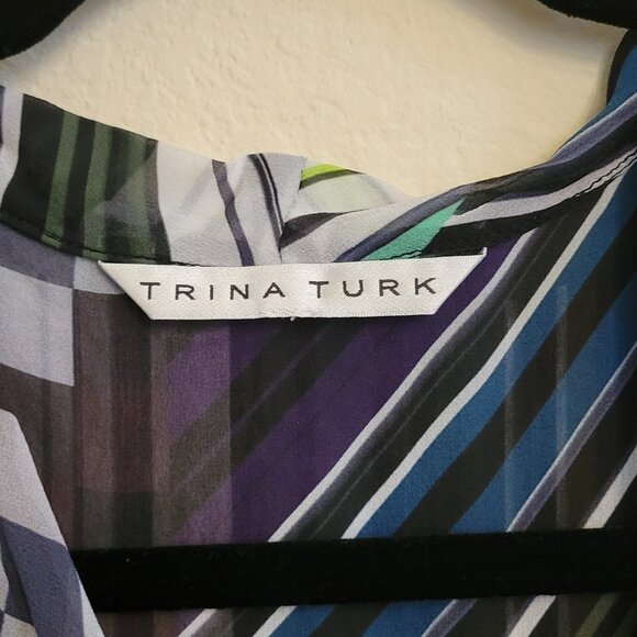 Trina Turk 100% Silk Layered Surplice V-Neck Sleeveless Top Pixel Stripes Size S - Picture 5 of 7